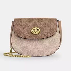 COACH Turnlock Card Case In Blocked Signature Canvas - Cream / Tan